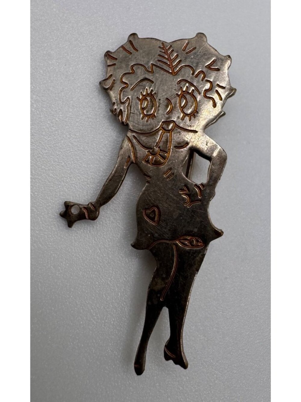 Vintage Betty Boop Style Brooch Figural Pin Silver Tone Cartoon Read